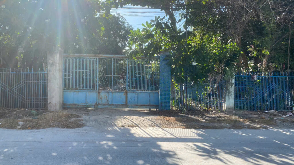 Blue metal gate and blue fence enclosing a lush garden with trees, set behind a concrete street and sunlight glare on the left.