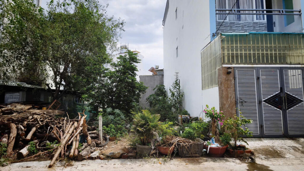Front yard with a pile of logs and overgrown plants beside a white building and metal gate.",