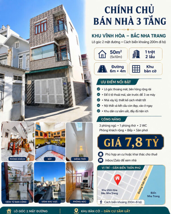 Three-story modern house on a narrow street next to a vertical real estate poster detailing a 3-story project in Vĩnh Hòa–Bắc Nha Trang with price and features on the right.