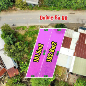 Aerial view of two adjacent pink land plots labeled 101.5m2 and 102.8m2 on a residential street named Duong Ba De, with widths 5.35m and 5.20m.