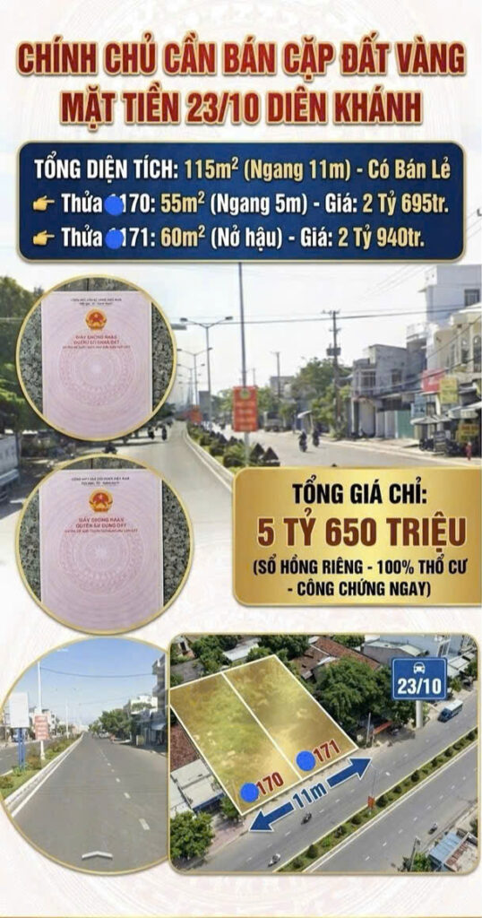Cặp Đất Vàng Mặt Tiền 23/10 Diên Khánh, Khánh Hòa – 115m² Sổ Hồng Riêng