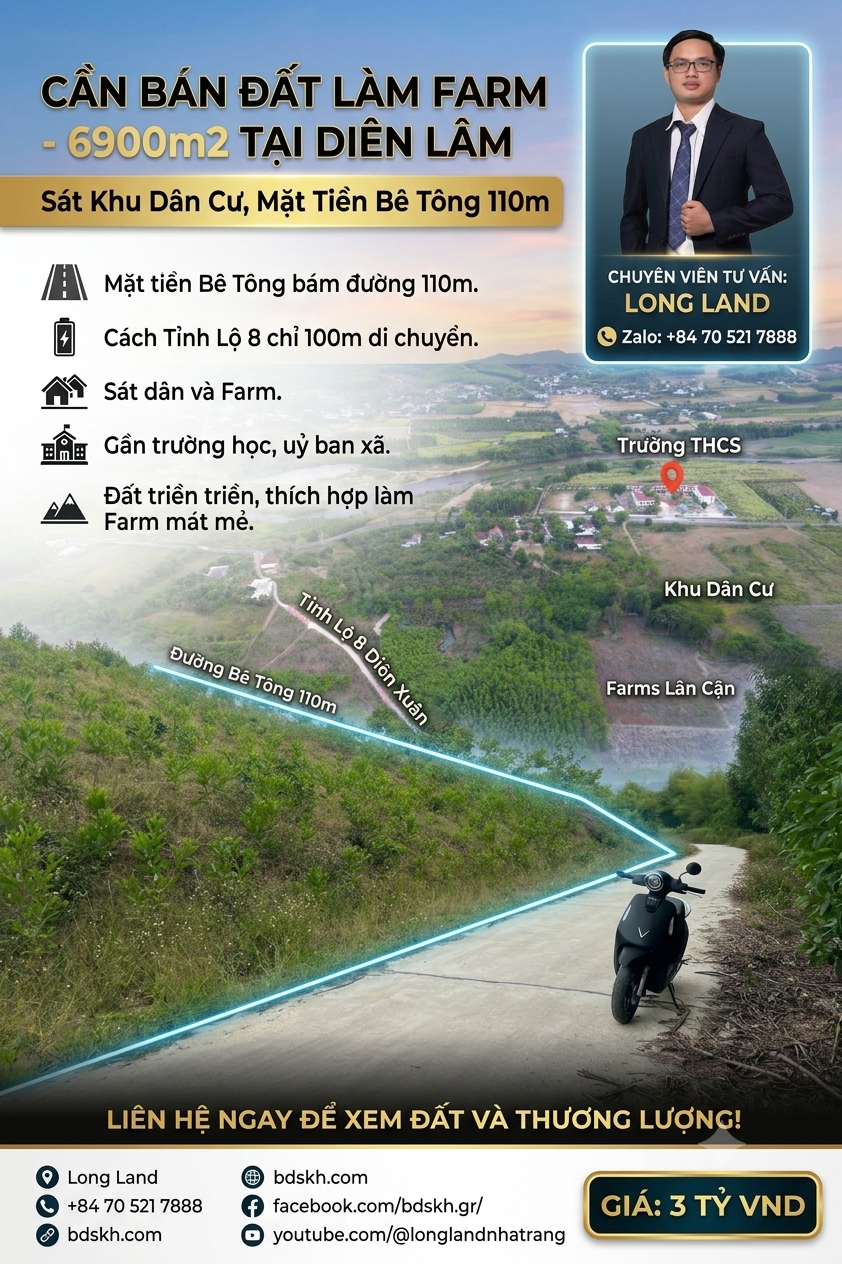 BÁN GẤP 6900m2 Đất Vườn Diên Lâm, Mặt Tiền 110m Đường Bê Tông - Giá 3 Tỷ